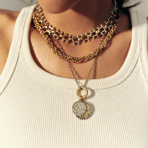 Collier Multirang en Fer Alliage de Zinc Pendentif Rond Chaîne Géométrique Cordon en Cuir Fermoir Mousqueton Bijoux