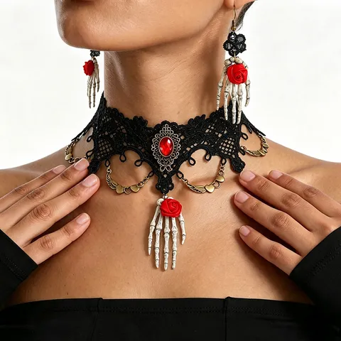 Halloween Gothique Noir Dentelle Ras Du Cou Collier Et Boucles d'Oreilles Parure Pour Femmes Sweet Cool Rouge Rose Squelette Main Gland Parure Bijoux Party Cosplay Accessoires