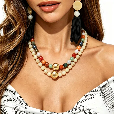 Bohemian Resin Beaded Necklace Geometric Alloy Ball Statement Choker Long Tassel Earrings Jewelry For Women Vacation Party Accessory