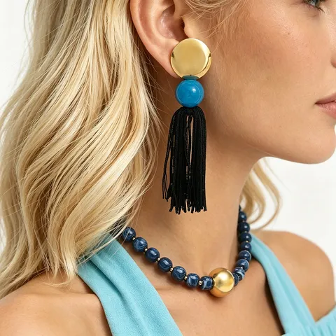 Bohemian Resin Beaded Necklace Geometric Alloy Ball Statement Choker Long Tassel Earrings Jewelry For Women Vacation Party Accessory