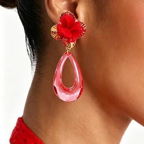 Floral Fabric Acrylic Drop Earrings Fashion Bohemian Resort Style Teardrop Dangle Earrings For Women Vacation Jewelry