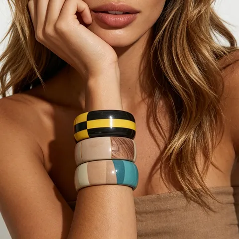 Bracciale Rigido in Acrilico a Scacchi Vintage Dolce Fresco per Donna a Blocchi di Colore a Righe Ampio Bracciale Spesso Gioielli Mano Regalo