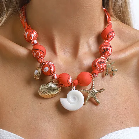 Bohemian Ocean Series Fabric Wrapped Bead Choker Necklace Starfish Coral Conch Pendants Vintage Multicolour Neck Chain For Women