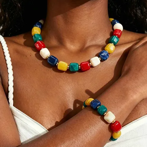 Set di Collana e Bracciale in Perline Cilindriche di Acrilico Colorato Bohemien Esagerato Gioielli in Resina per Donna Collane Fatte a Mano