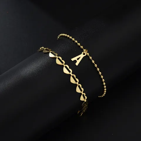 Dames 18K Goud Verguld Titanium Staal Kralenketting Armband Initiaal Letter Hanger Hart Strass Verstelbare Sieraden Armband