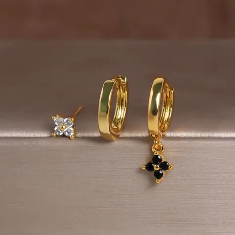 3-Delige Messing Strass Klaver Oorbellen Set Voor Dames 18K Goud Zilver Verguld Geometrische Oorknopjes Sieraden