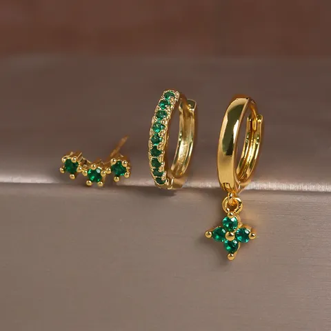3-Delige Messing Strass Klaver Oorbellen Set Voor Dames 18K Goud Zilver Verguld Geometrische Oorknopjes Sieraden