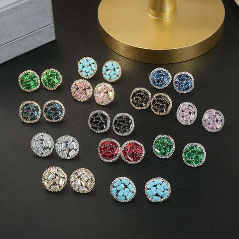 Koper Ingelegde Zirconia Ronde Oorknopjes Voor Vrouwen 18K Verguld Geometrische Baguette Zirconia Oorbellen Sieraden Cadeau