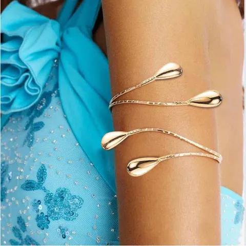 Geometric Metal Smooth Open Arm Cuff Punk Leaf Water Drop Multi Layer Upper Arm Bracelet Fashion Trend Jewelry Gift For Women