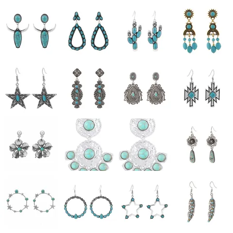 Retro Western Cowboy Style Alloy Artificial Turquoise Pendant Necklace Earrings Set Bohemian Distressed Bull Head Cactus Jewelry For Women