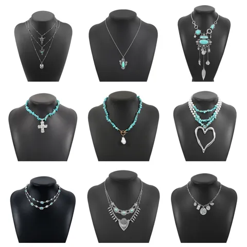 Retro Western Cowboy Style Alloy Artificial Turquoise Pendant Necklace Earrings Set Bohemian Distressed Bull Head Cactus Jewelry For Women