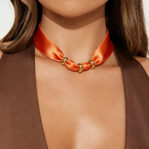 Niche Design Fabric Satin Scarf Necklace For Women Stainless Steel Metal Loops Elegant Commute Solid Color Choker Geometric Collar Jewelry Gift