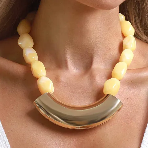 Vintage Geometric Resin Beaded Necklace Exaggerated Fashion Statement Chunky Collar Choker Lock Bone Chain Jewelry For Women
