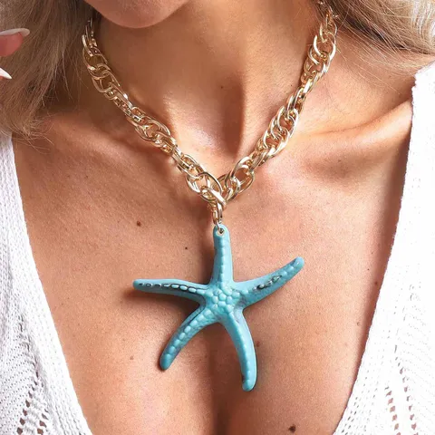 Colorful Resin Starfish Pendant Necklace Beach Vacation Style Ocean Aluminum Chunky Chain Choker For Women Fashion Jewelry