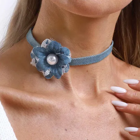Denim Fabric Flower Choker Necklace For Women Sweet Lace Artificial Pearl Neckband Adjustable Chain Fashion Jewelry Accessory