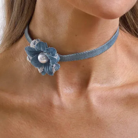 Denim Fabric Flower Choker Necklace For Women Sweet Lace Artificial Pearl Neckband Adjustable Chain Fashion Jewelry Accessory