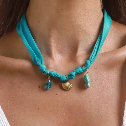 Damen 304 Edelstahl Stoffstreifen Schal Halskette Meereslebewesen Muschel Seestern Blume Anhänger Urlaub Schmuck Geschenk