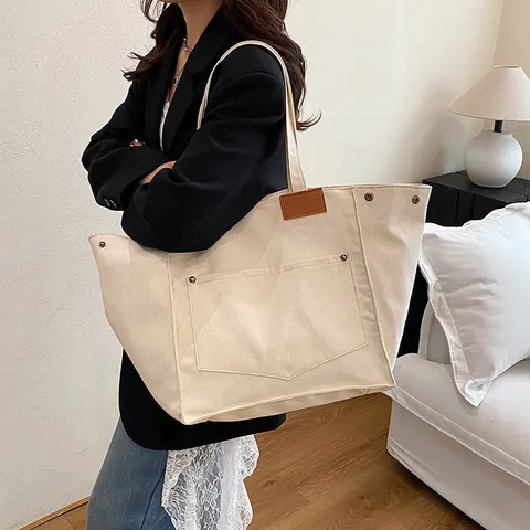 Sac Fourre-Tout en Toile Casual Vintage pour Femmes Grande Capacité Sac à Épaule Couleur Unie Sac à Main Shopping Voyage