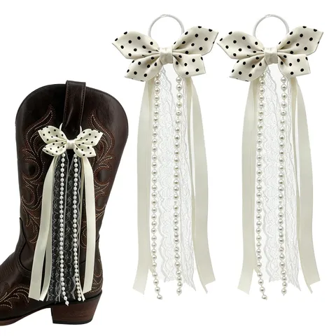 Western Cowboy Boots Bow Ribbon Decoration Pearl Tassel Streamer Accessories DIY Polka Dot Boot Chain Jewelry
