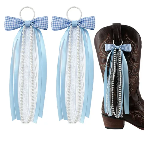 Western Cowboy Boot Decorative Accessories Plaid Bow Lace Pearl Streamer Boot Charms DIY Fashion Shoes Gift