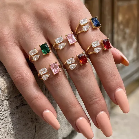 Fashion Copper 18K Gold Plated Open Ring With Geometric Zircon Inlay Colorful Cubic Zirconia Adjustable Ring For Women Jewelry
