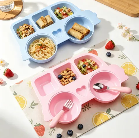 Kids Divided Dinner Plate Cartoon Car Shape Polypropylene Feeding Tableware Set Anti Spill Baby Food Toddler Plate