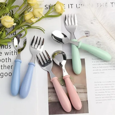 Stainless Steel Kids Tableware Fork And Spoon Set Toddler Feeding Training Short Handle Cutlery Dinnerware Set
