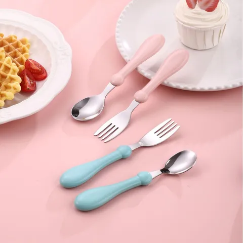 Stainless Steel Kids Fork And Spoon Set Portable Baby Feeding Tableware Cute Toddler Cutlery Training Utensils Gift