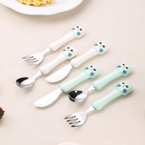 Kids Cutlery Set 304 Stainless Steel Portable Baby Training Spoon Fork Tableware Cute Cartoon Owl Handle Kitchen