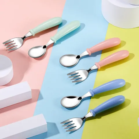 Stainless Steel Children Tableware Set Portable Candy Color Spoon Fork Kids Baby Feeding Flatware With Storage Box