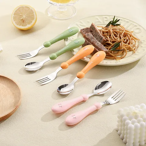 304 Stainless Steel Children Tableware Fork And Spoon Cute Cartoon Silicone Soft Handle Baby Food Feeding Tableware