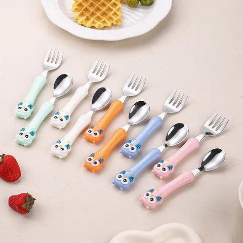 Kids Cutlery Set 304 Stainless Steel Portable Baby Training Spoon Fork Tableware Cute Cartoon Owl Handle Kitchen