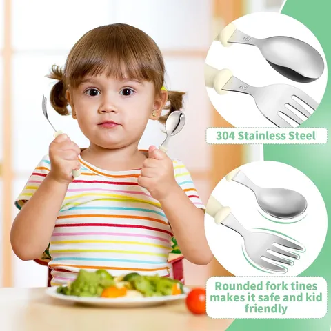 Portable 304 Stainless Steel Kids Tableware Cute Short Handle Spoon Fork with Storage Box Children Dining Cutlery