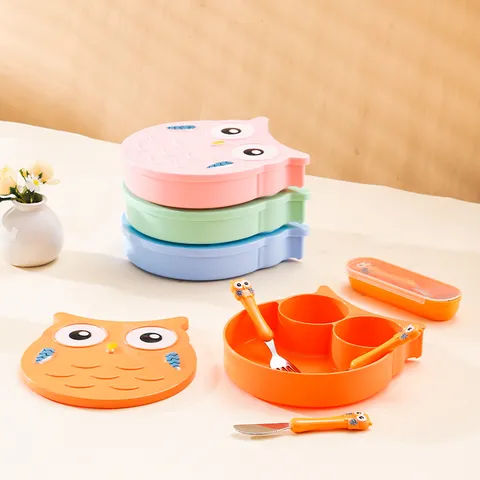 Set Piatto da Pranzo Diviso per Bambini Gufo dei Cartoni Animati Acciaio Inossidabile CIotola Cucchiaio Forchetta