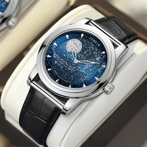 FENSIR Men's Starry Sky Quartz Watch Stainless Steel Case Genuine Leather Strap Luminous Waterproof Fashion Wristwatch