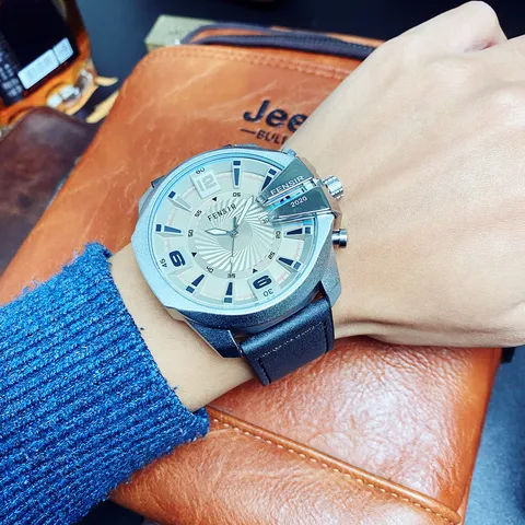 Big Dial Waterproof Luminous Business Quartz Watch Alloy Case Genuine Leather Strap Men Casual Wristwatch