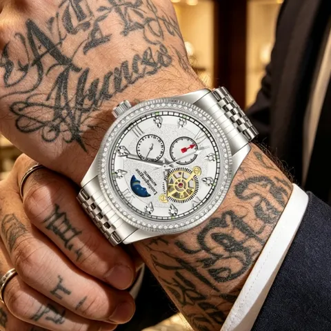 Men Automatic Mechanical Watch Stainless Steel Bezel Rhinestone Dial Luminous Hollow Waterproof Business Wristwatch