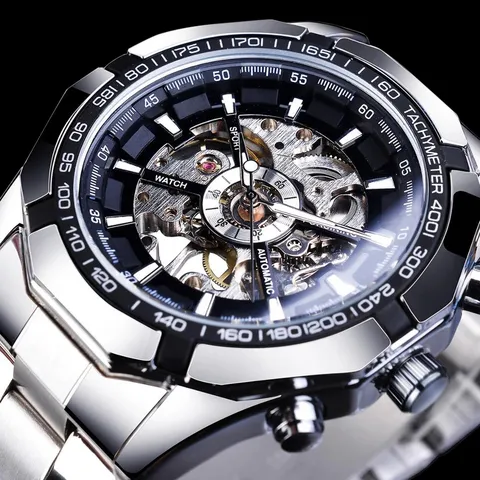 Men Automatic Mechanical Watch Sports Hollow Dial Stainless Steel Waterproof Luminous Wristwatch Business Casual Watch