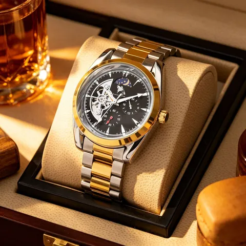 Men's Automatic Mechanical Watch Business Stainless Steel Leather Strap Waterproof Luminous Moon Phase Wristwatch