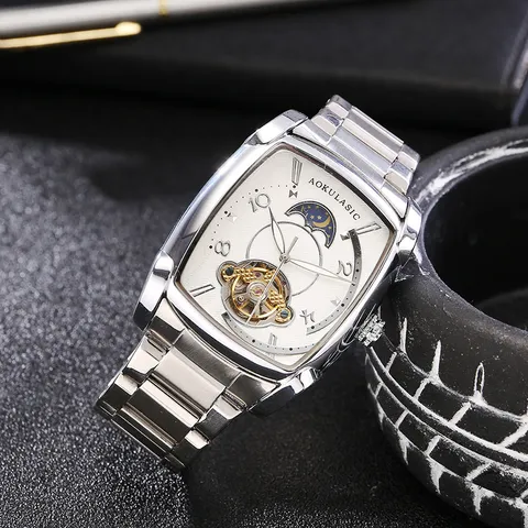Men Automatic Mechanical Watch Square Hollow-Out Moon Phase Business Casual Stainless Steel Wristwatch