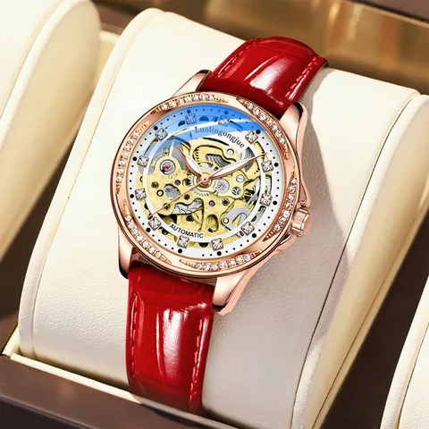Women's Automatic Mechanical Watch Luxury Hollow Skeleton Design Rhinestone Bezel Stainless Steel Waterproof Wristwatch