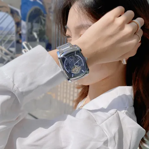 Men Automatic Mechanical Watch Square Hollow-Out Moon Phase Business Casual Stainless Steel Wristwatch