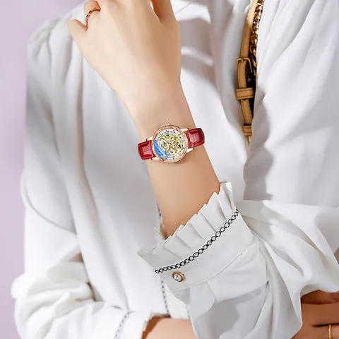Women's Automatic Mechanical Watch Luxury Hollow Skeleton Design Rhinestone Bezel Stainless Steel Waterproof Wristwatch