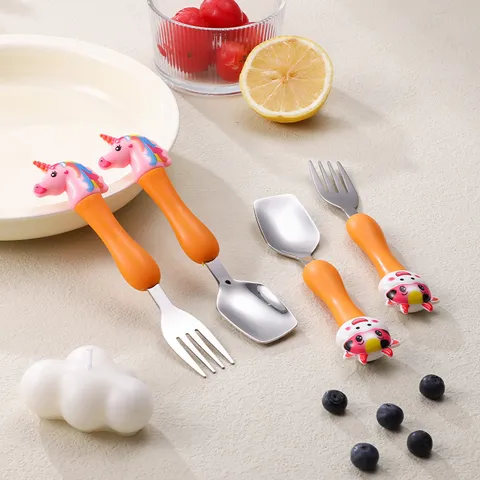 Baby Self Feeding Training Spoon Fork Set Stainless Steel Cartoon Animal Tableware For Infant Kids Toddler