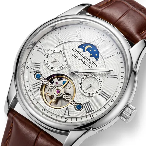 Men's Automatic Mechanical Watch Tourbillon Moon Phase Waterproof Hollow Stainless Steel Leather Strap Business Wristwatch