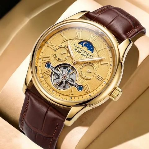 Men's Automatic Mechanical Watch Tourbillon Moon Phase Waterproof Hollow Stainless Steel Leather Strap Business Wristwatch