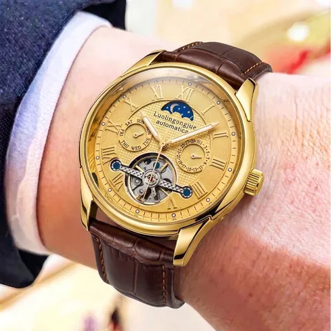 Men's Automatic Mechanical Watch Luxury Business Casual Wristwatch Sapphire Leather Strap Moon Phase Luminous