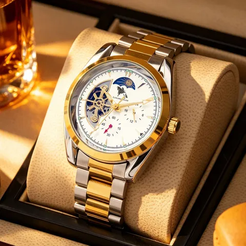 Men's Automatic Mechanical Watch Business Stainless Steel Leather Strap Waterproof Luminous Moon Phase Wristwatch