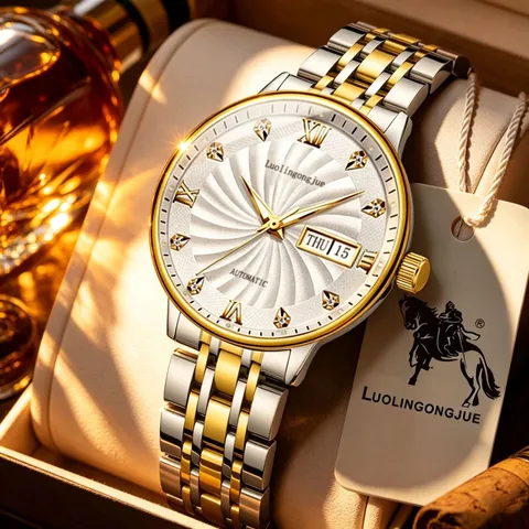 Men Automatic Mechanical Watch Two Tone Stainless Steel Business Waterproof Luminous Self Winding Wristwatch