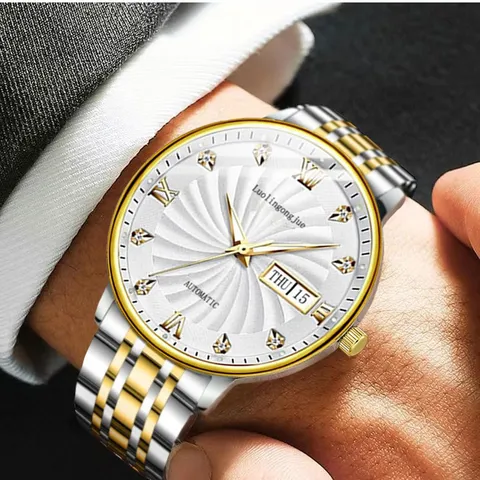 Men Automatic Mechanical Watch Two Tone Stainless Steel Business Waterproof Luminous Self Winding Wristwatch